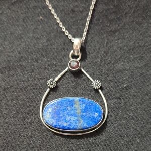 Silver Plated Blue Lapis Lazuli Gemstone East West Oval Pendant Necklace